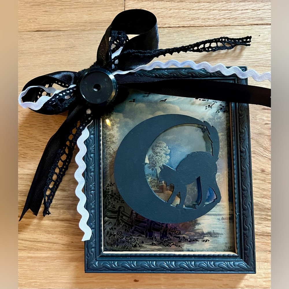 Handmade Black Cat Moon Framed Halloween Art with Ribbon Black White Gothic